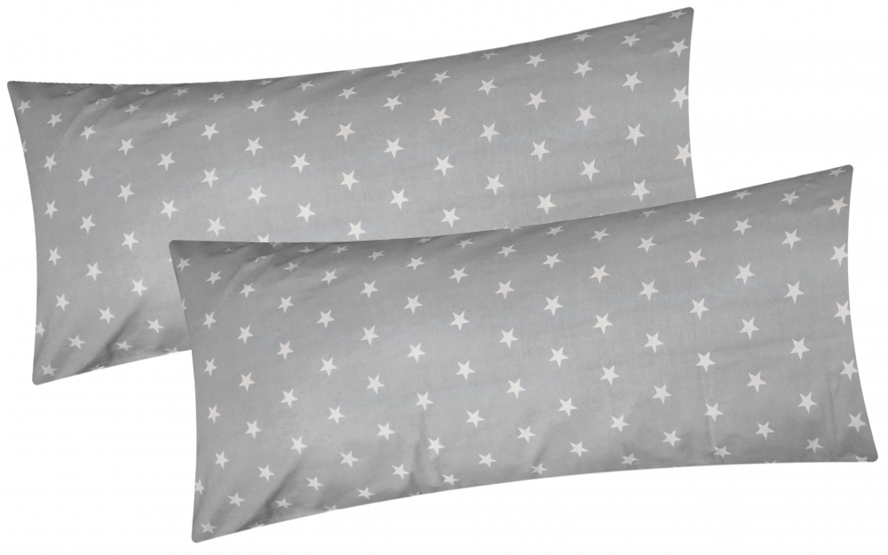 Baumwoll Renforcé Kissenbezug - 2er Set in 40x80cm - Sterne in grau und schwarz - Kopfkissen-Bezug, Kissenhülle, Dekokissenbezug aus 100% Baumwolle (376/5-grau-40x80)