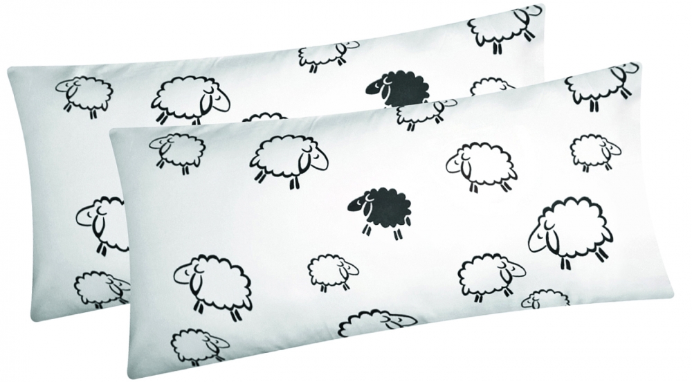 Mako-Satin 2er Set Kissenbezug 40x80cm - Süße Schafe Lämmer in Weiß und Schwarz - 100% Baumwolle, Kissenhülle (99/2-Satin-40x80)