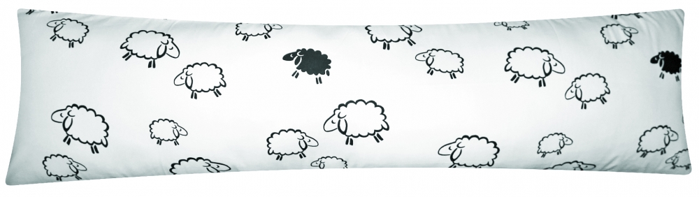 Seitenschläferkissen Bezug 40x145cm - Schafe Lämmer in Weiß und Schwarz - Öko-Tex 100% Baumwolle Stillkissenbezug (99-2-B)
