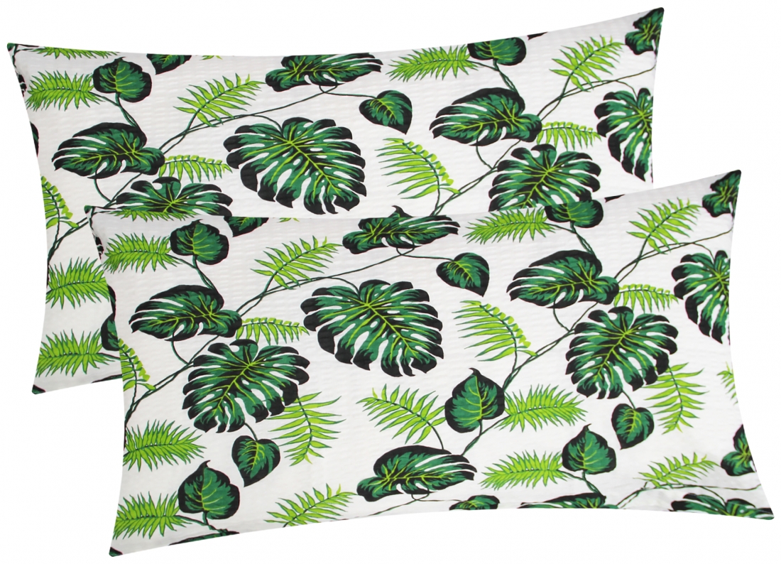 Seersucker Kissenbezug - 2er Set in 40x80cm - Tropische Blätter in Grün und Weiß - Kopfkissen-Bezug, Kissenhülle, Doppelpack - 100% Baumwolle (031/1)