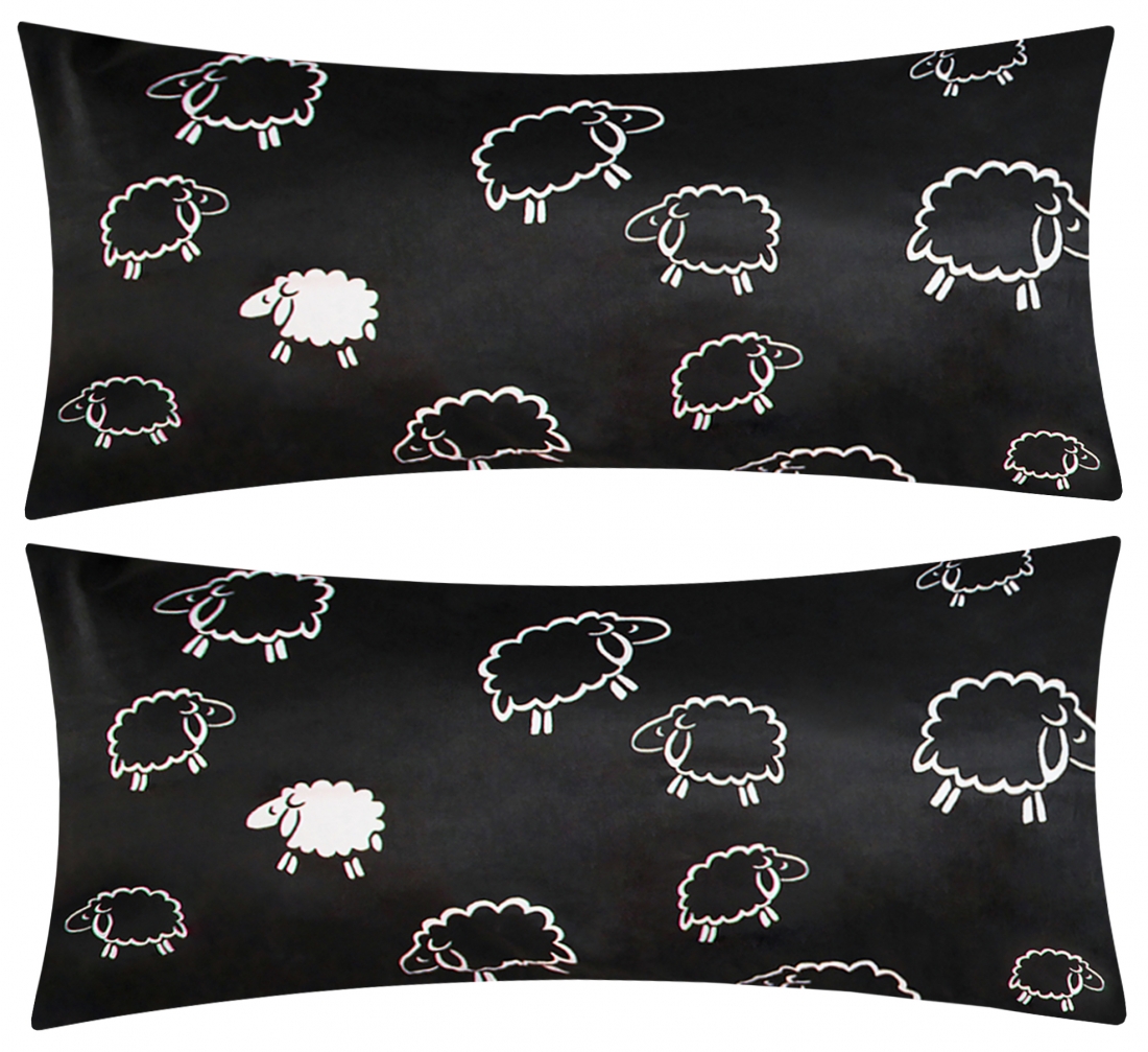 Baumwoll Renforcé Kissenbezug - 2er Set in 40x80cm - Süße Schafe Lämmer in Schwarz - Kopfkissen-Bezug, Kissenhülle, Dekokissenbezug aus 100% Baumwolle (K-091-1)