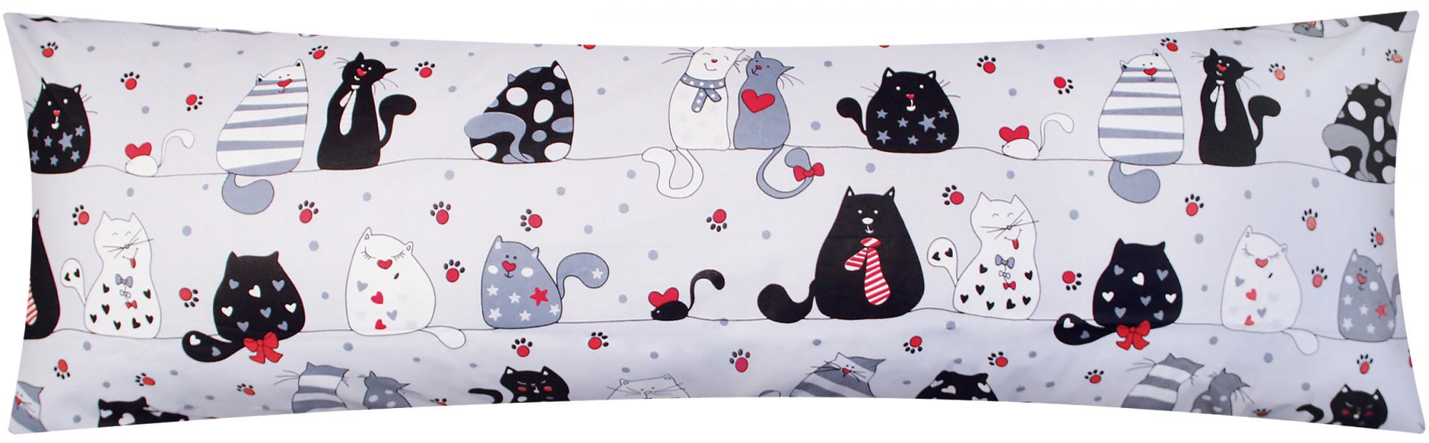 Baumwoll Renforcé Seitenschläferkissen Bezug 40x145cm - Katzen mit Pfoten, Sternen und Herzen in grau, schwarz und rot - 100% Baumwolle Stillkissenbezug (KY-Katzen-Grau)