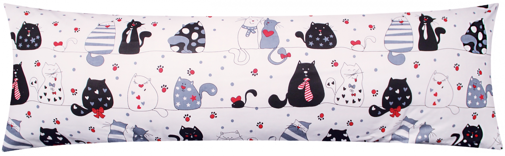 Baumwoll Renforcé Seitenschläferkissen Bezug 40x145cm - Katzen mit Pfoten, Sternen und Herzen - 100% Baumwolle Stillkissenbezug (KY-Katze)